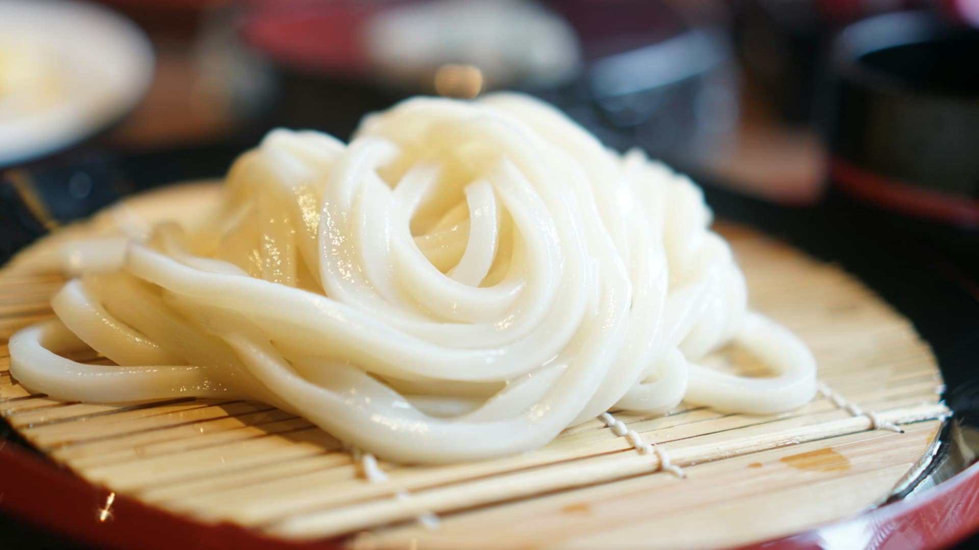A serving of udon noodles arranged on a bamboo mat (illustrative image)