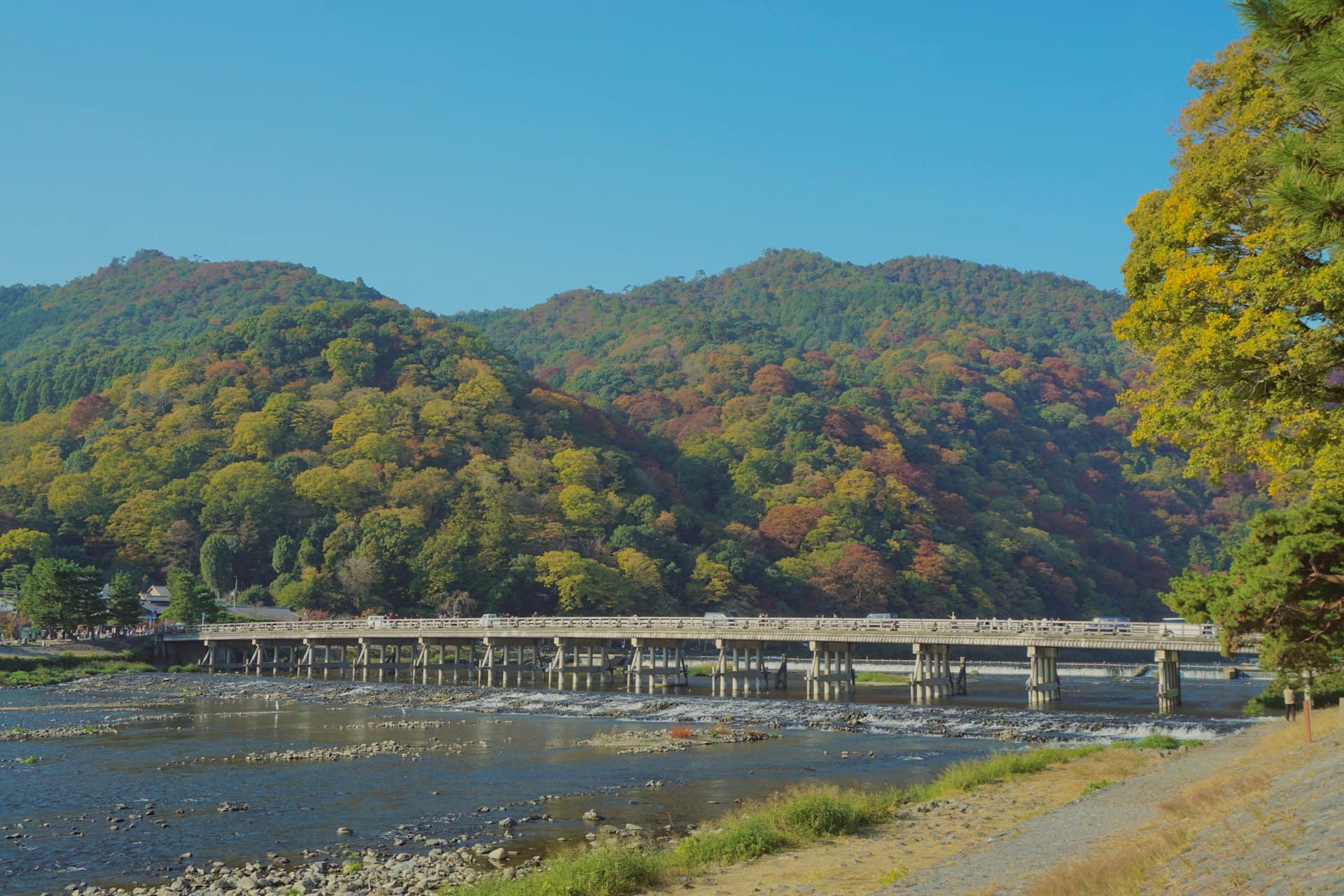 Togetsukyo Bridge over the Katsura River with Arashiyama's autumn mountains behind (illustrative image)